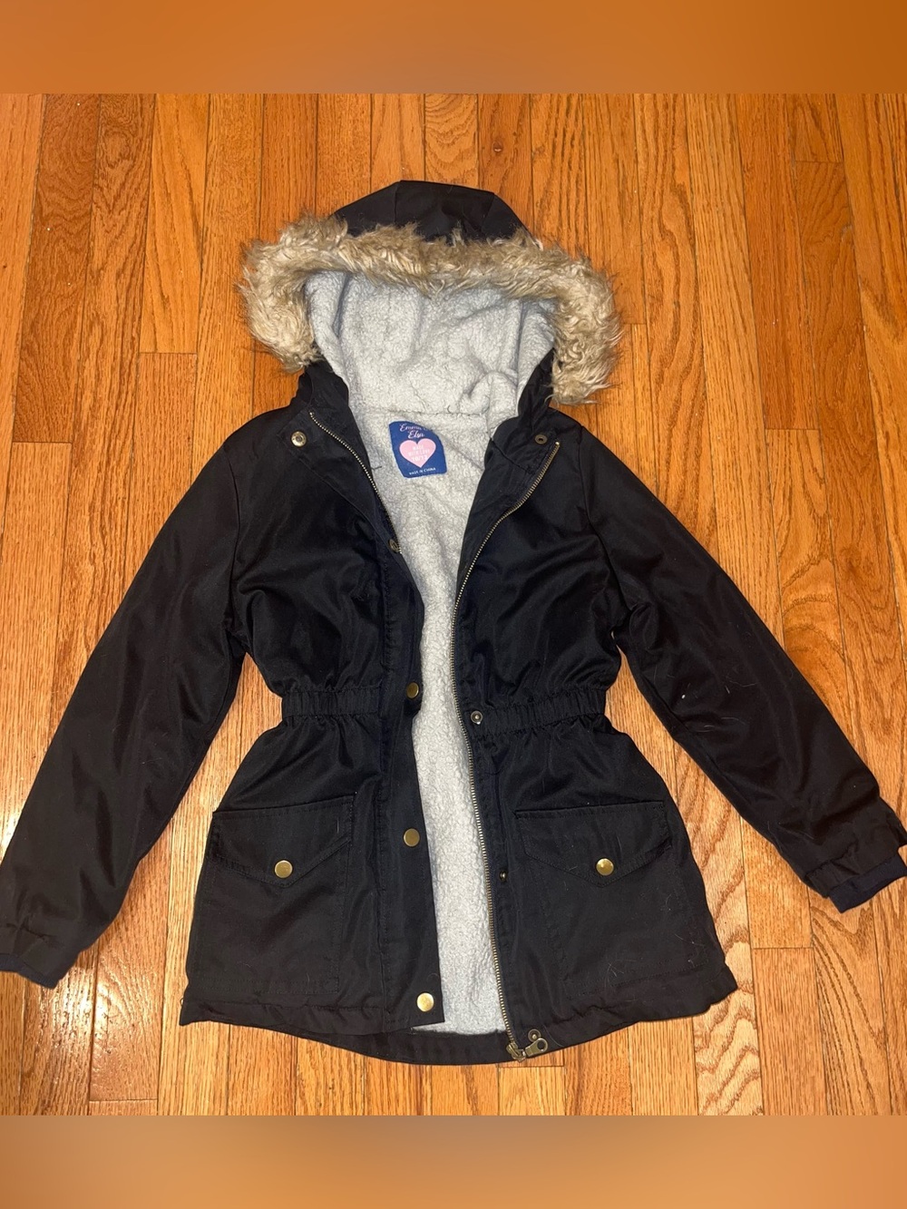 Kids Hooded Black Puffer Parka with Faux-Fur Trim